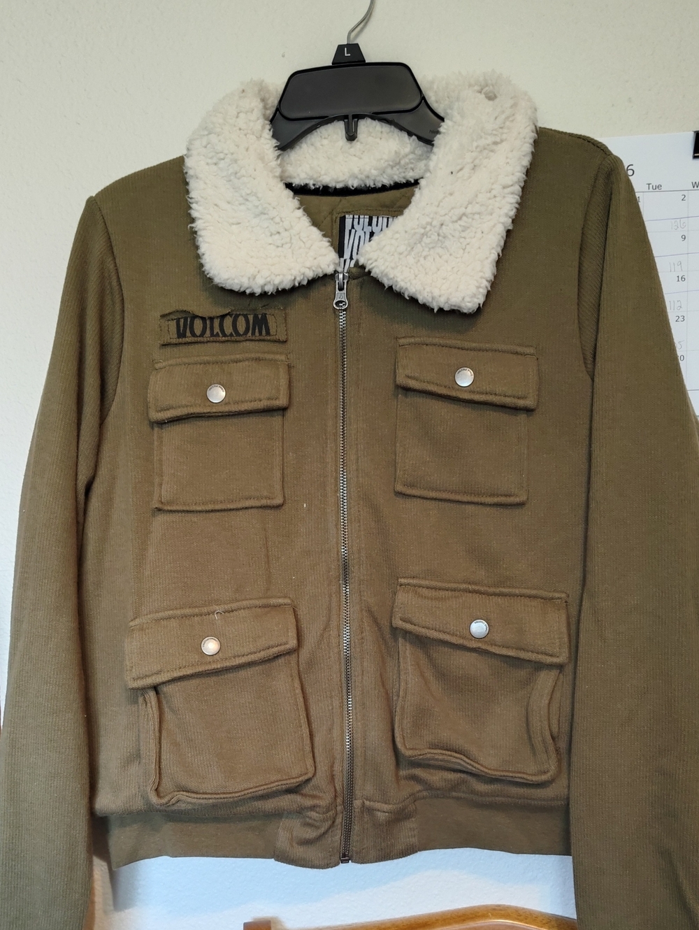 Volcom Olive Field Cropped Jacket with Cream Sherpa Collar